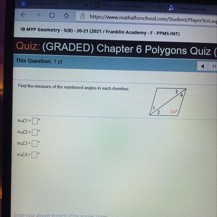 Find the measure of the numbered angles in each rhombus